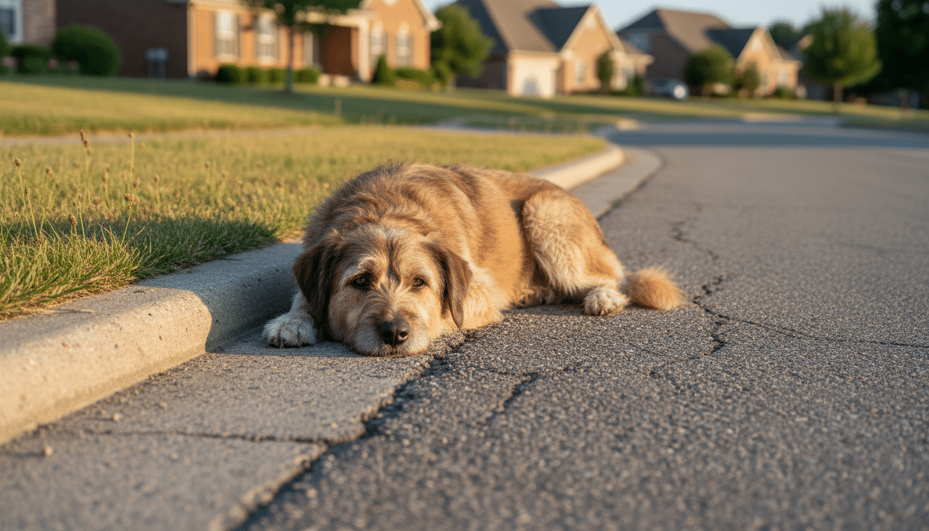 Chien errant épuisé couché au bord d'une route