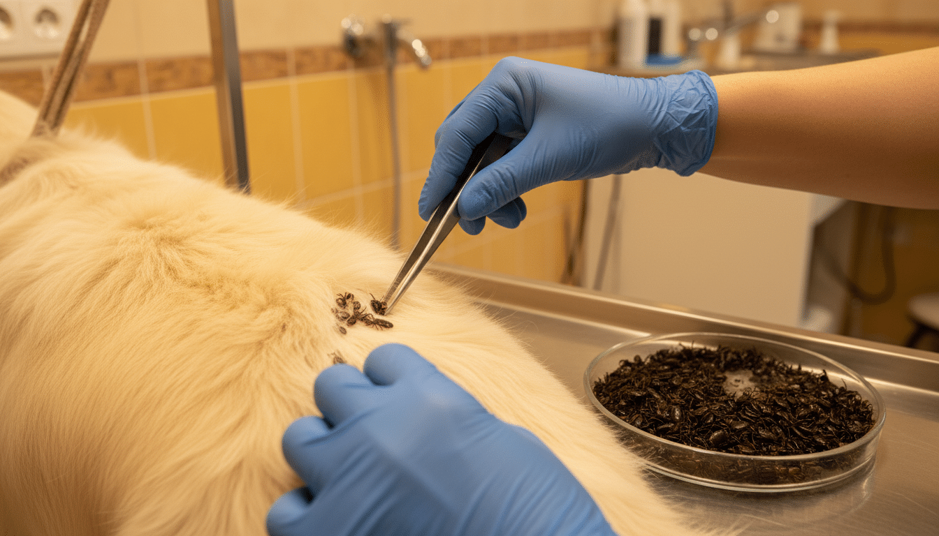 Retrait de tiques sur un chien par un toiletteur
