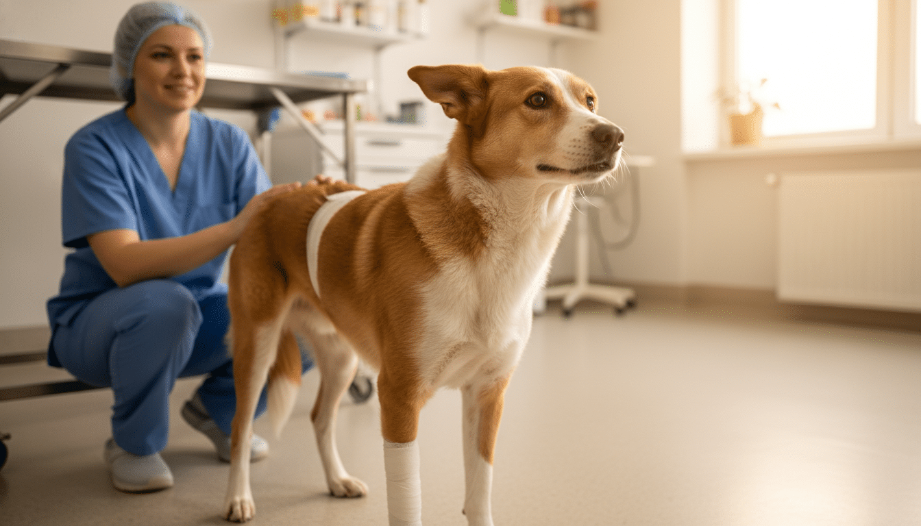 Le chien Tony en convalescence chez le vétérinaire