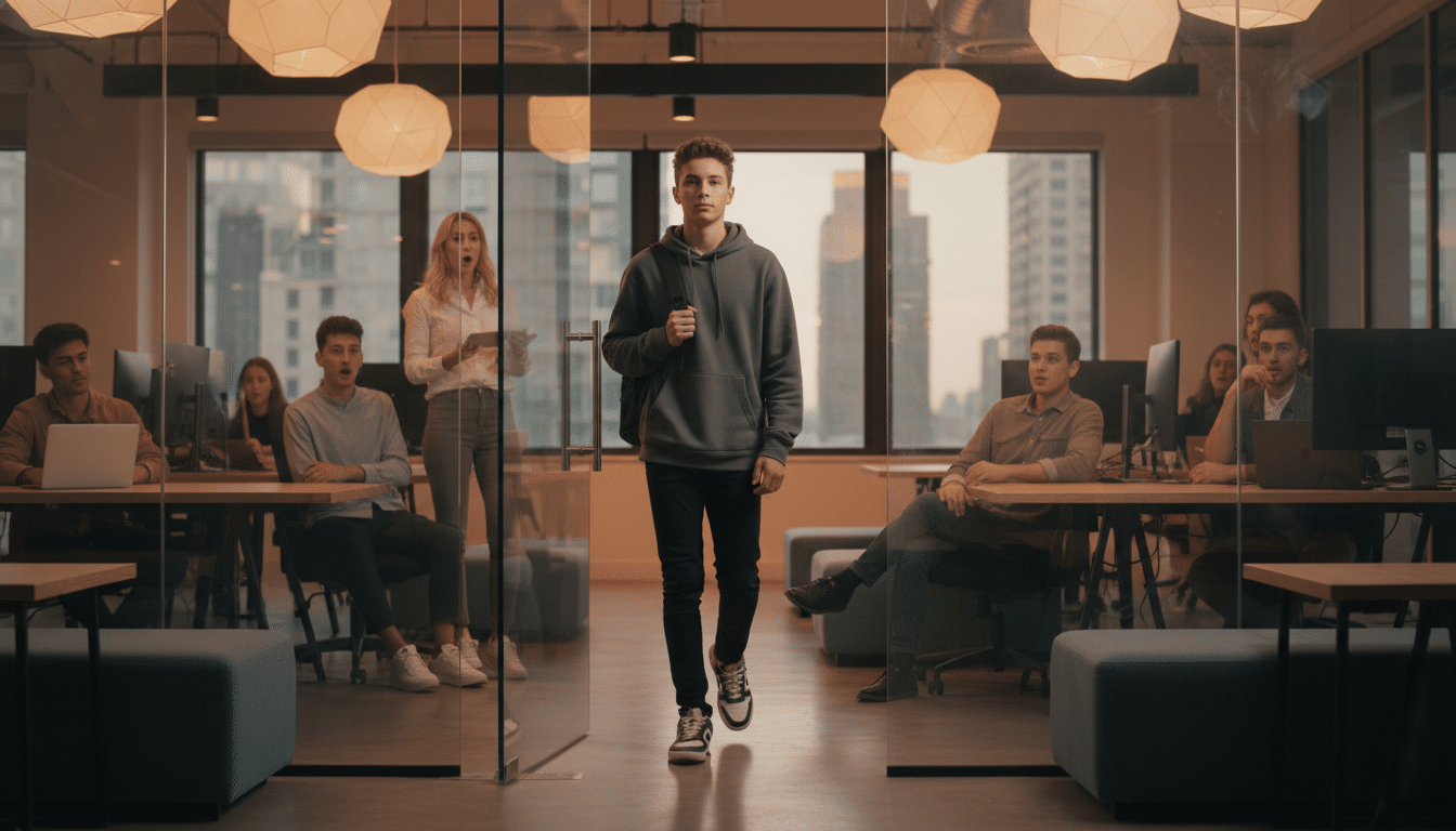 Adolescent entrant dans un bureau de startup new-yorkaise
