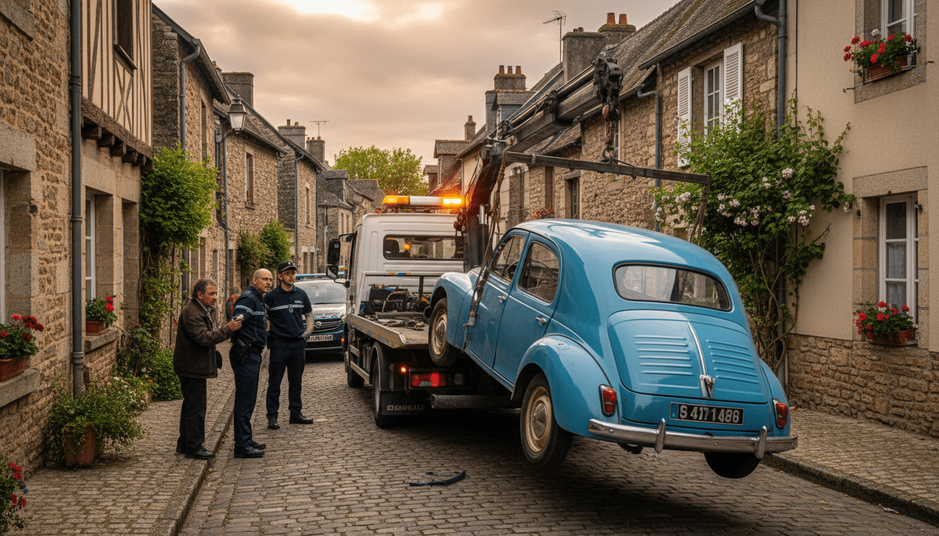 Véhicule mis en fourrière par une dépanneuse après un excès de vitesse