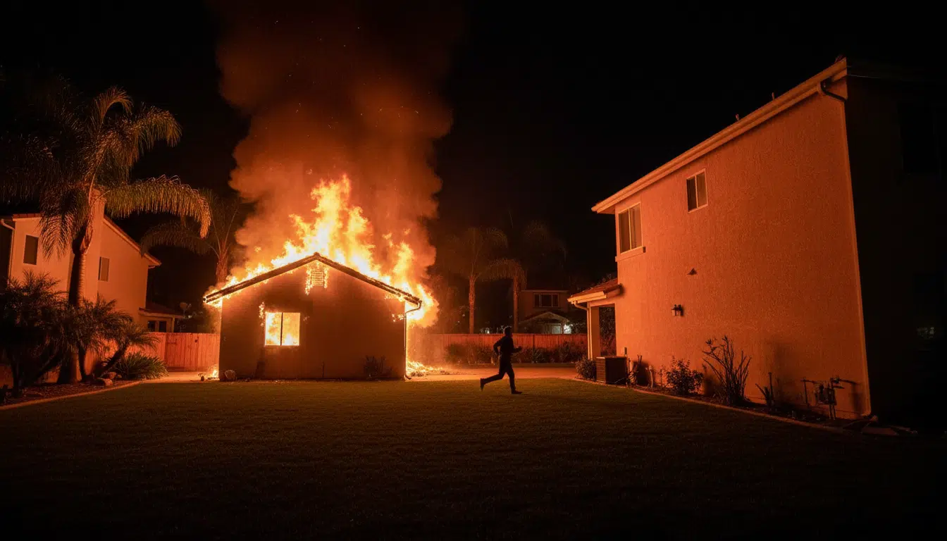 Garage en flammes la nuit dans un quartier résidentiel
