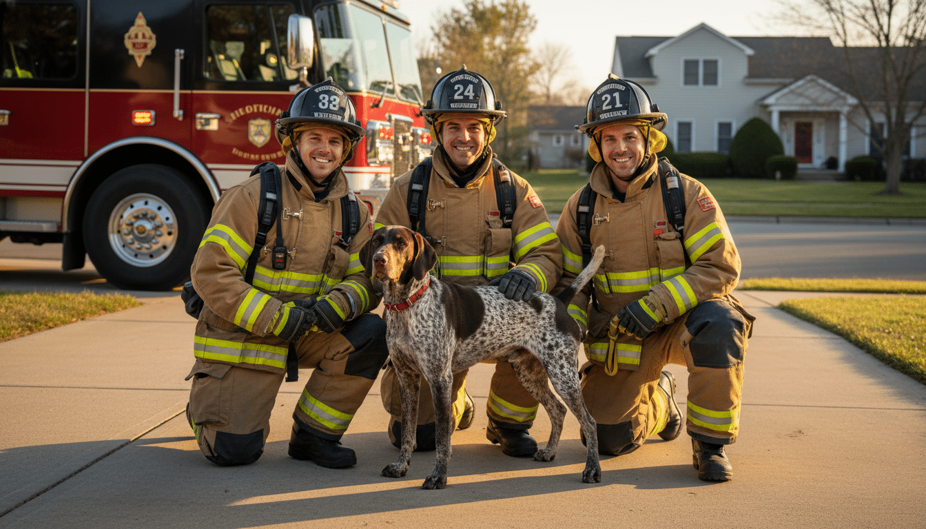 Pompiers posant avec le chien héros après le sauvetage