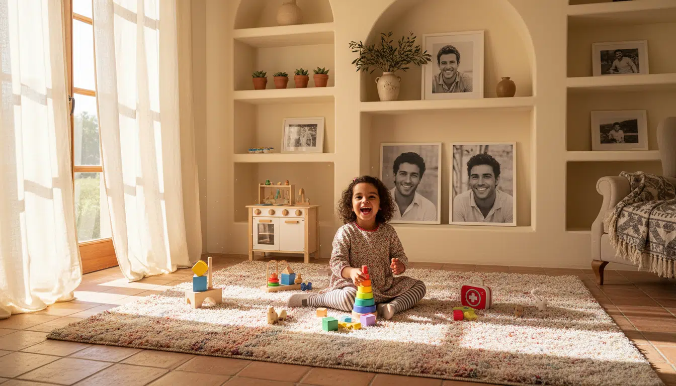 Petite fille jouant dans un salon lumineux avec photos familiales