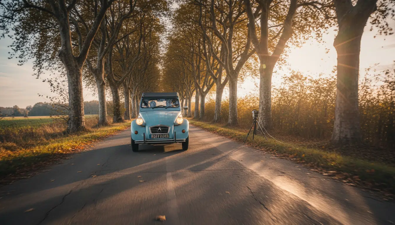 2CV lancée à pleine vitesse sur une route de campagne française