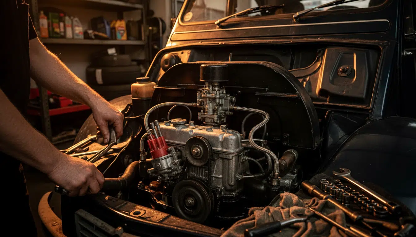 Moteur modifié sous le capot d'une Citroën 2CV