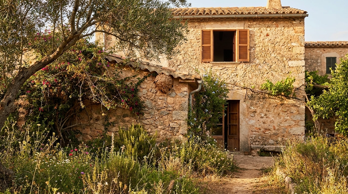 Maison en pierre espagnole avec fenêtre ouverte et nid de guêpes
