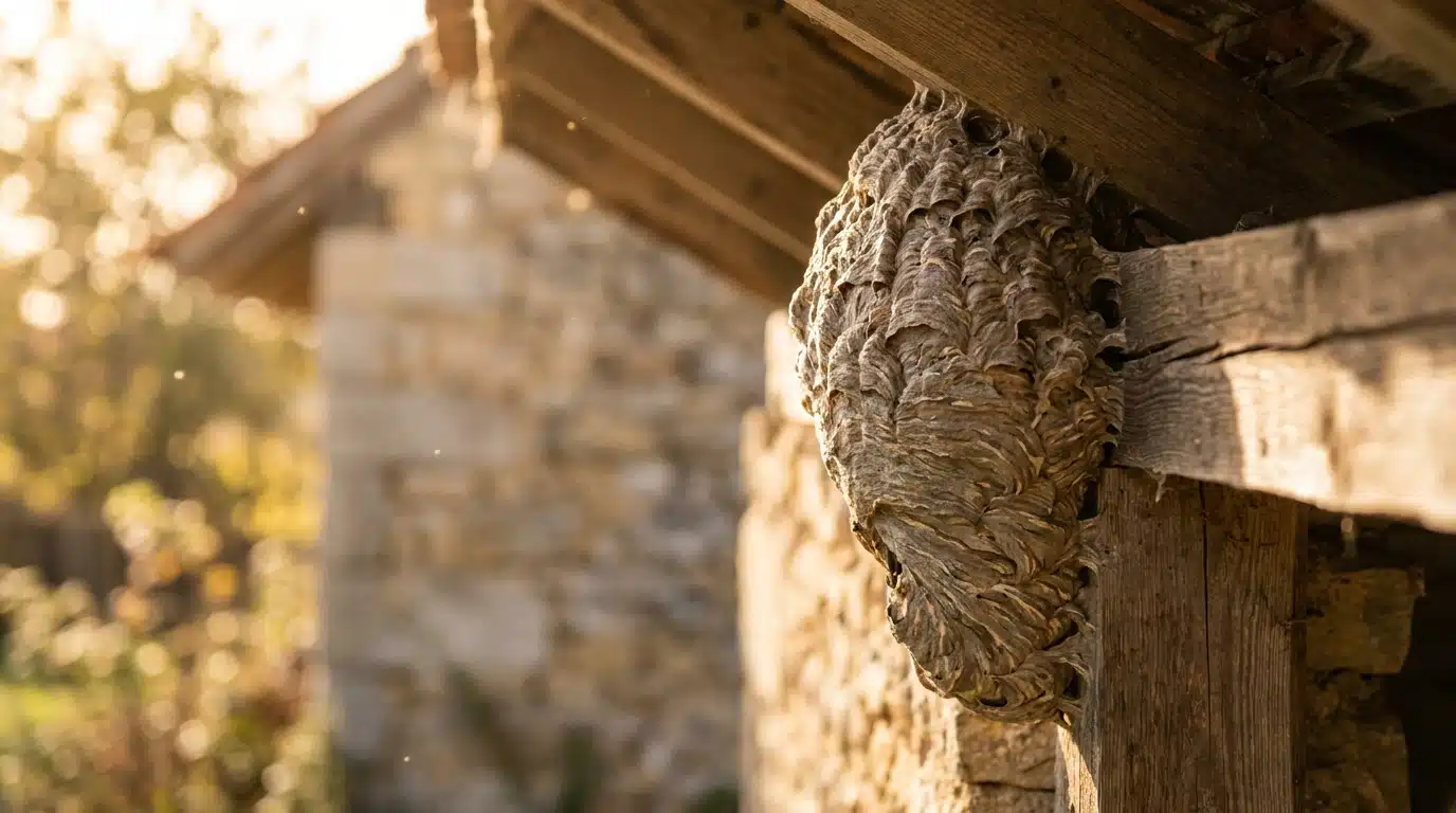 Nid de guêpes accroché sous une poutre en bois rustique
