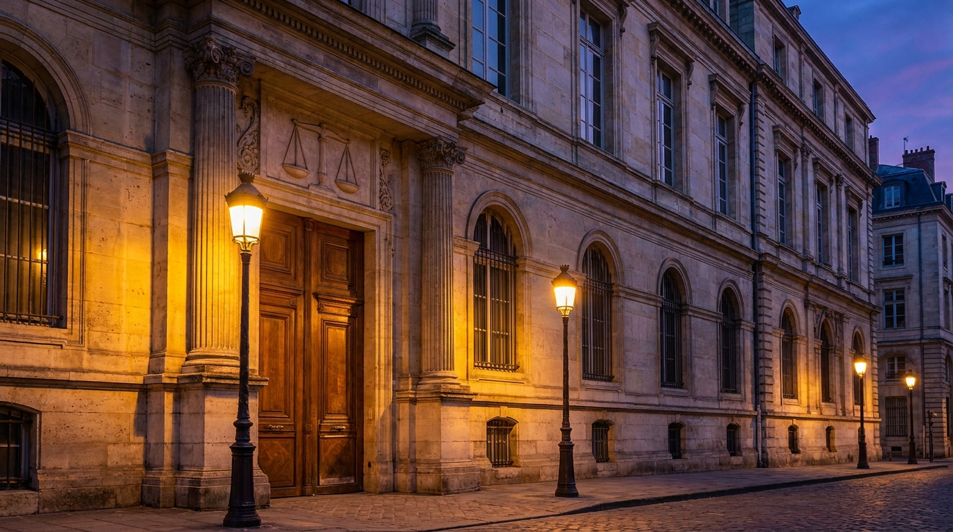Façade du tribunal de Bobigny au crépuscule
