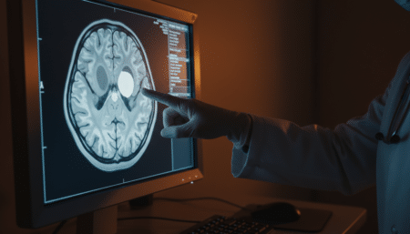 Scanner cérébral montrant une masse intraventriculaire