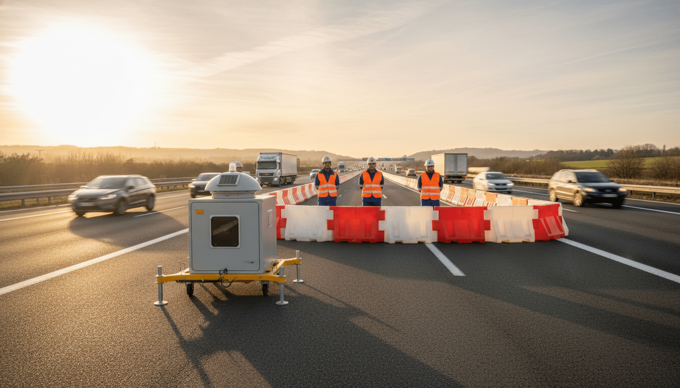 Ouvriers en zone de travaux sur autoroute française