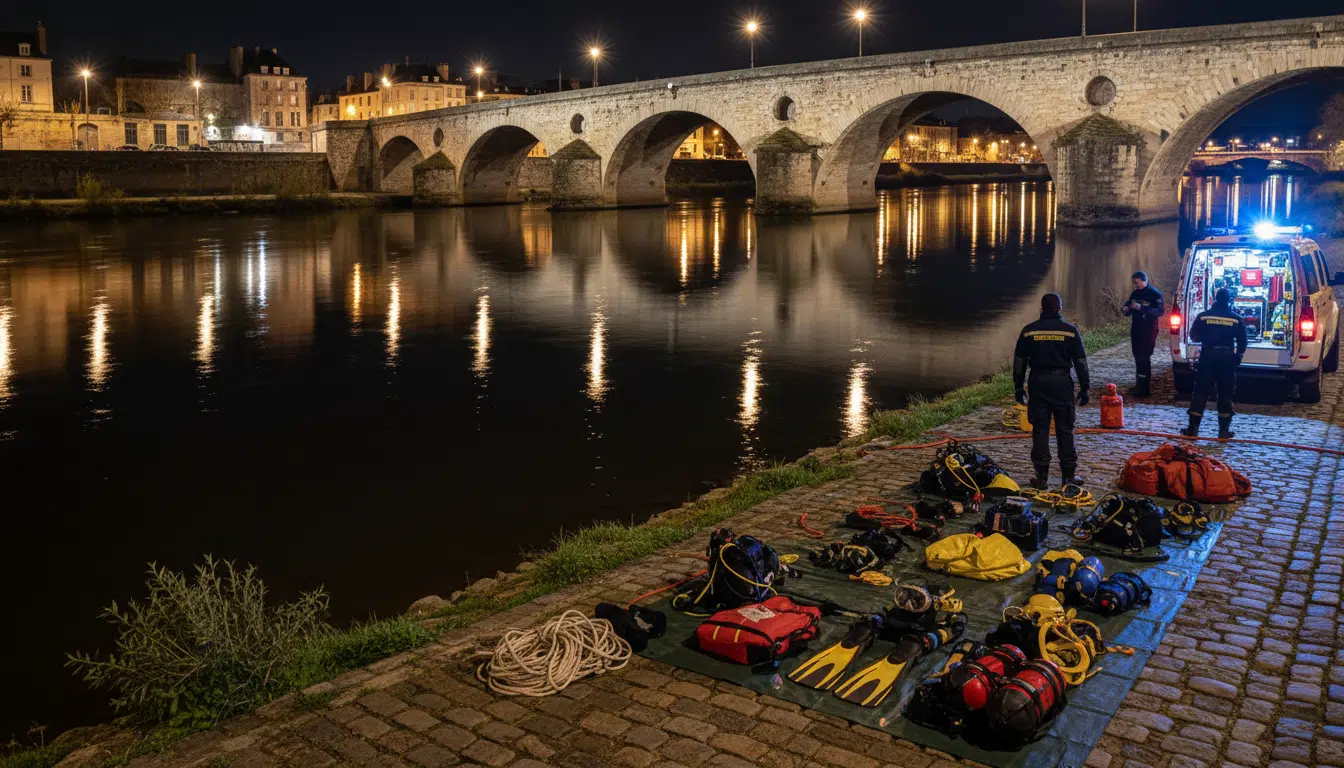 La rivière Maine à Angers de nuit avec secours sur la berge