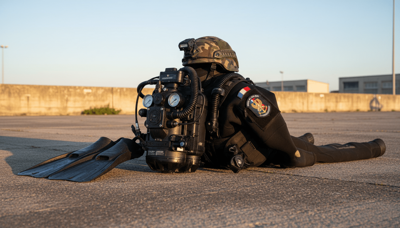 Équipement de plongée militaire posé au sol