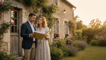 Couple examinant l'extérieur d'une maison avant achat