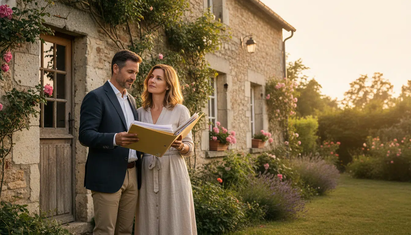 Couple examinant l'extérieur d'une maison avant achat
