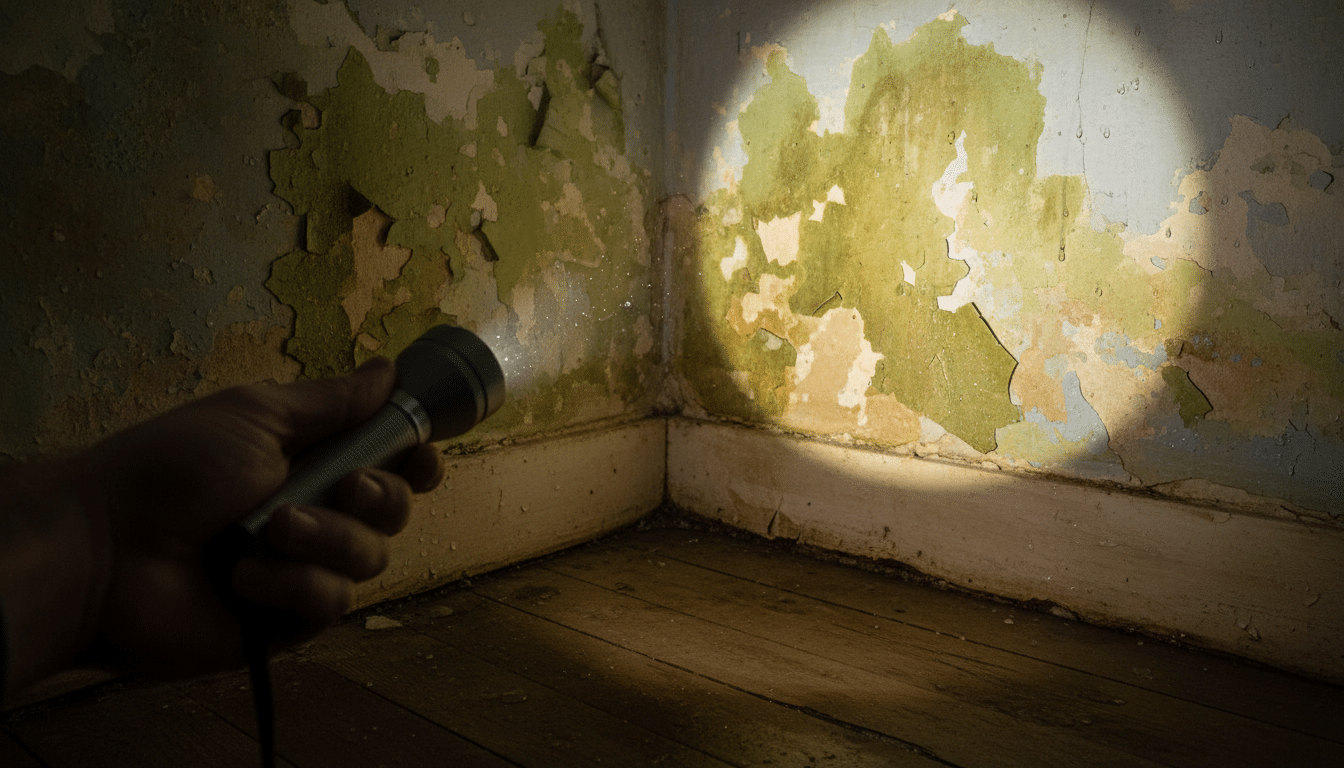 Vérification d'humidité sur un mur avec lampe torche