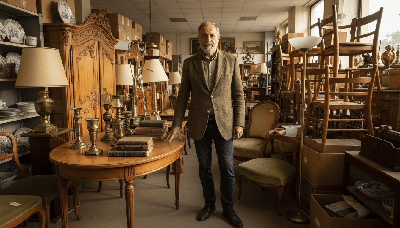 Antiquaire inspectant une table ovale chez Emmaüs