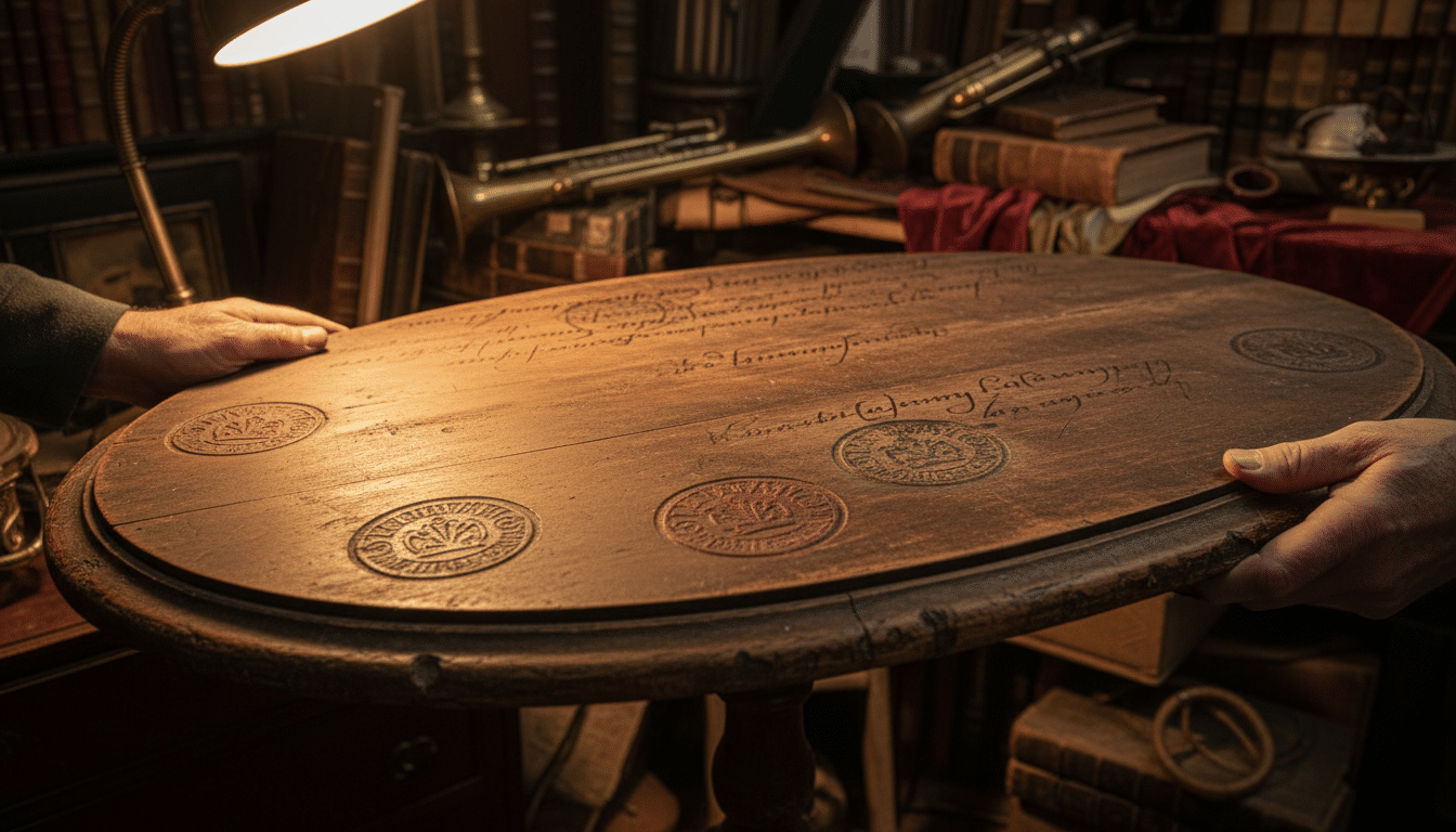Inscriptions royales sous le plateau de la table