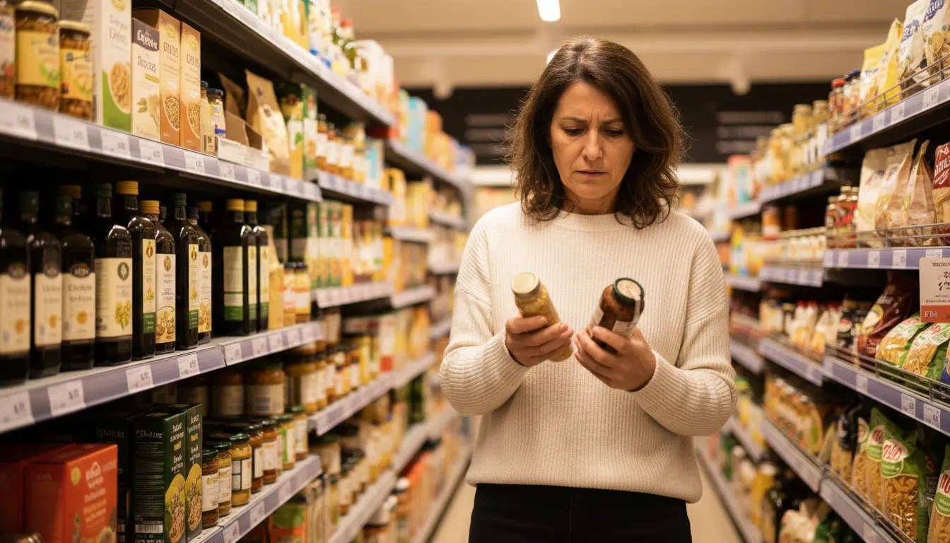 Femme comparant les prix dans un rayon de supermarché