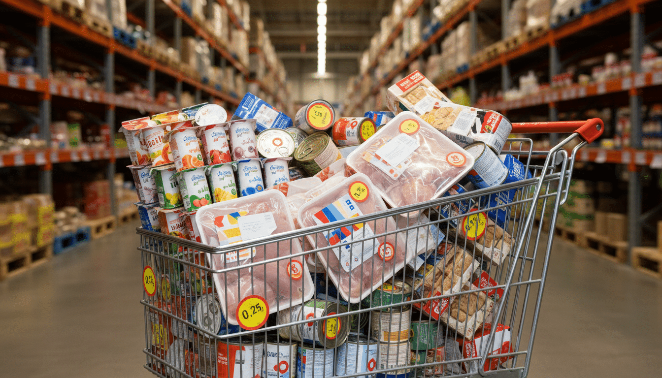 Caddie rempli de produits alimentaires dans un magasin de déstockage