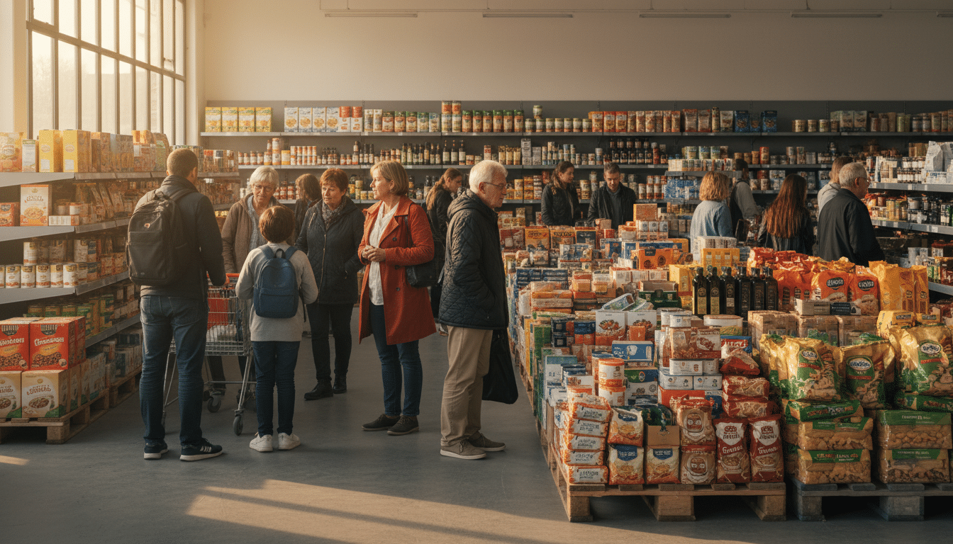 Clients de tous âges dans un magasin de déstockage alimentaire