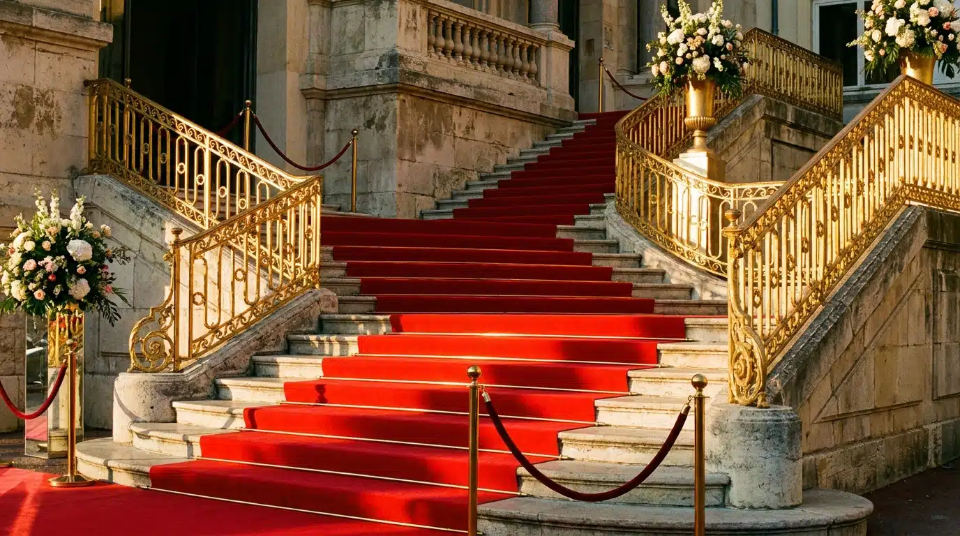 Les célèbres marches rouges du Palais des Festivals à Cannes sous la lumière dorée