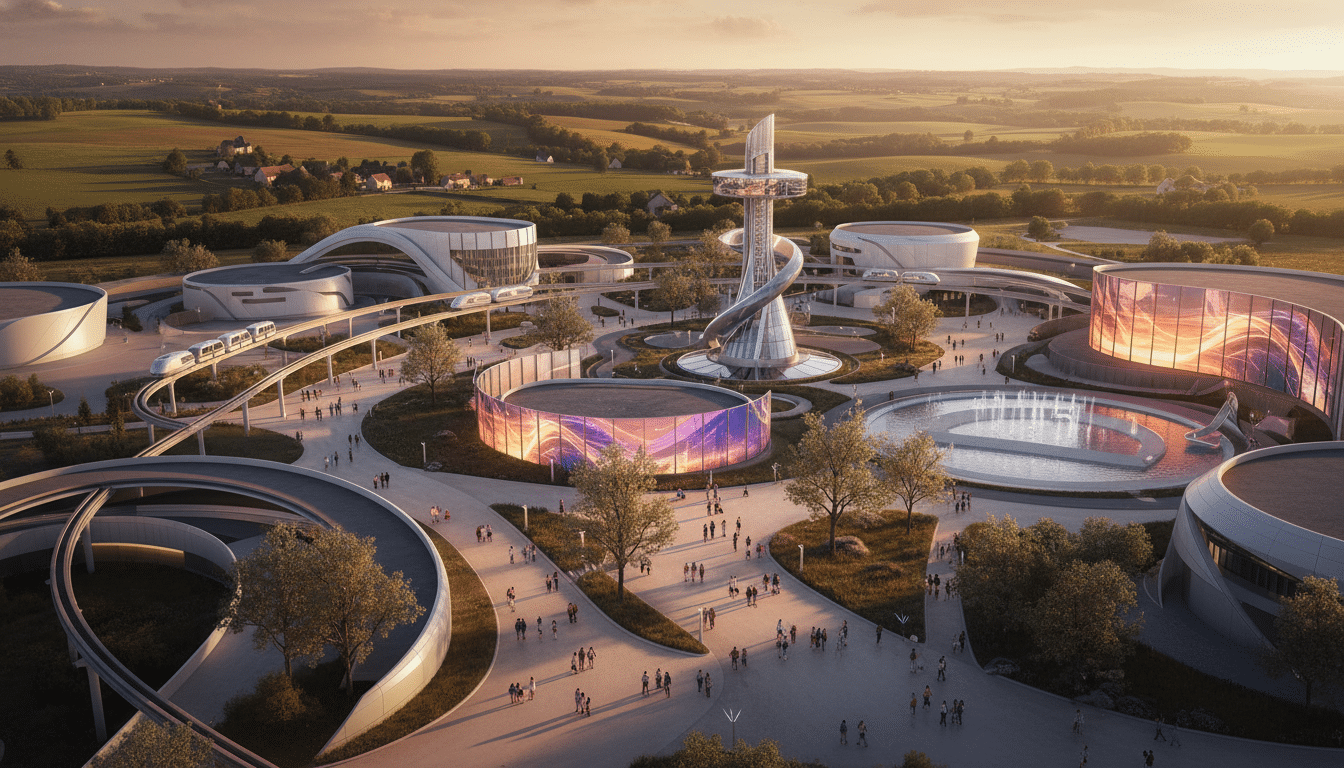 Vue aérienne du Futuroscope au coucher du soleil