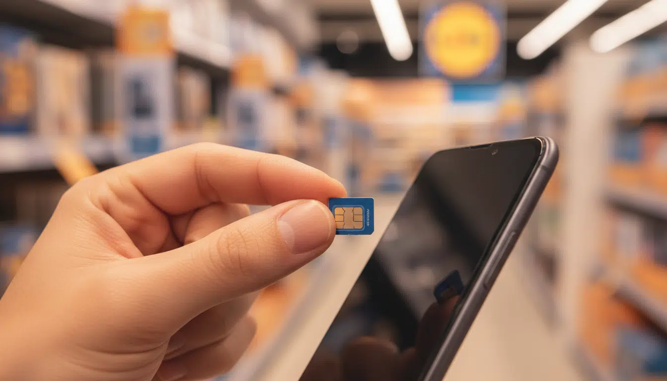 Carte SIM tenue devant un smartphone en magasin
