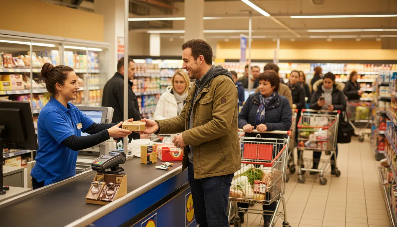 Caisse d'un magasin Lidl avec clients et employée