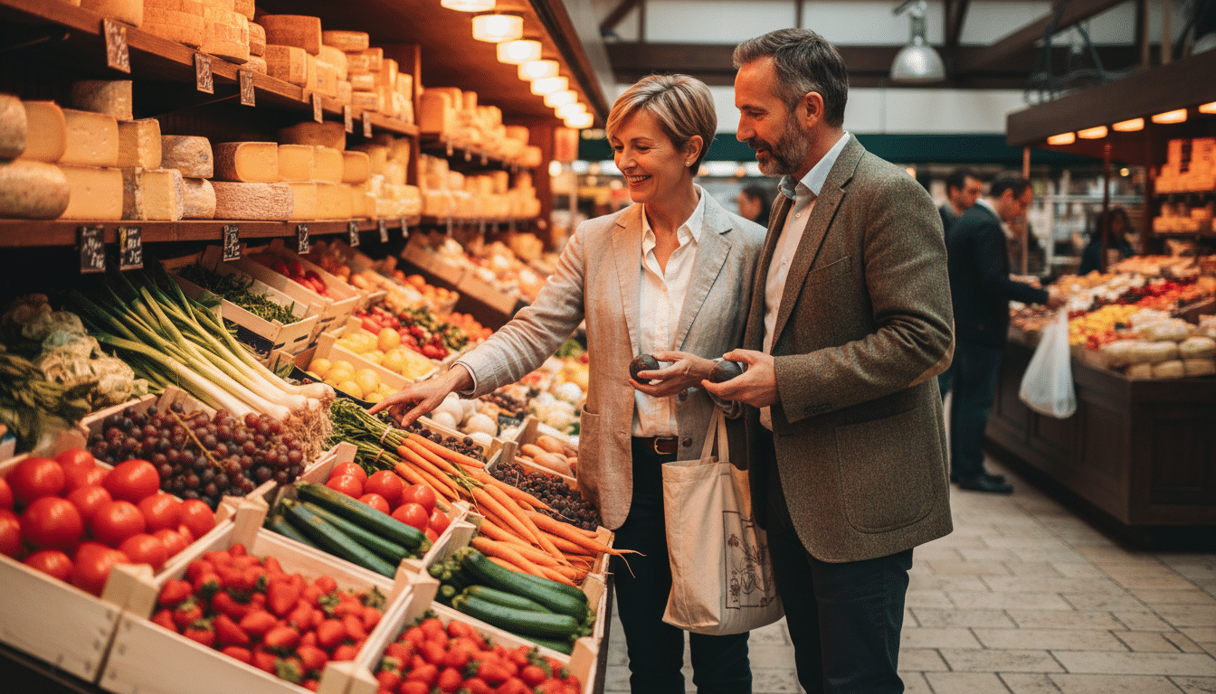 Couple faisant ses courses dans un rayon fruits et légumes Grand Frais