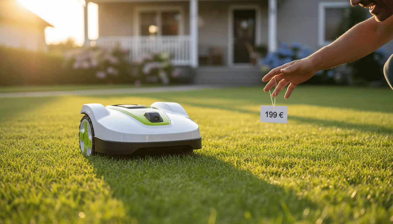 Robot tondeuse Parkside Lidl sur une pelouse