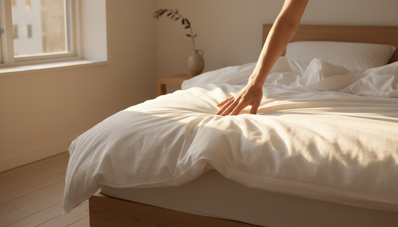 Couette légère IKEA sur un lit dans une chambre lumineuse