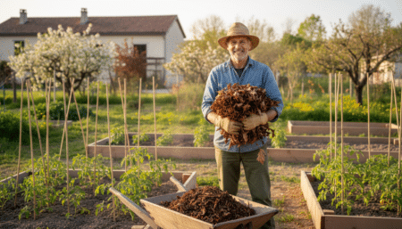 Jardinier tenant des feuilles mortes dans son potager au printemps
