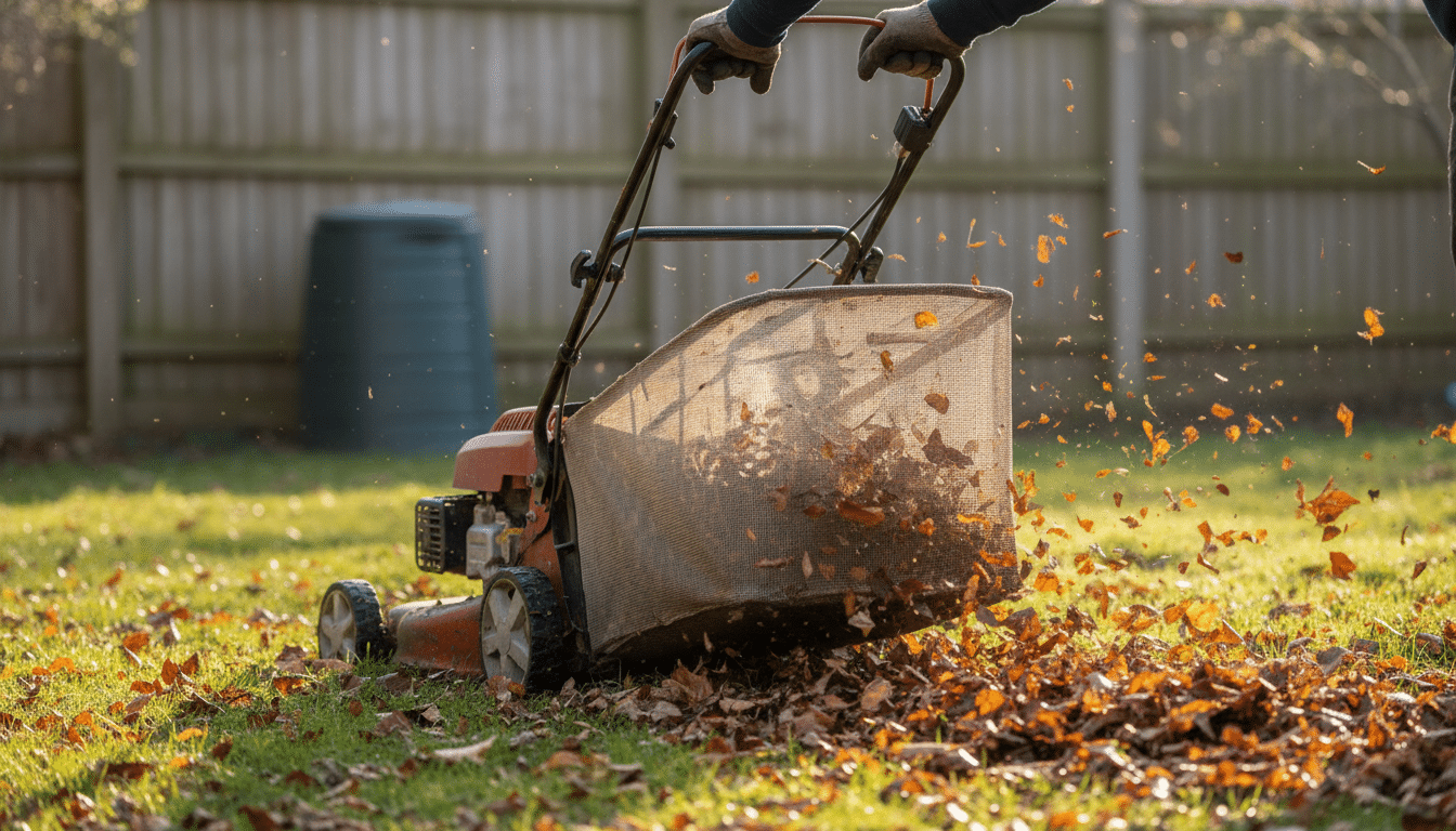 Tondeuse broyant des feuilles mortes sur une pelouse