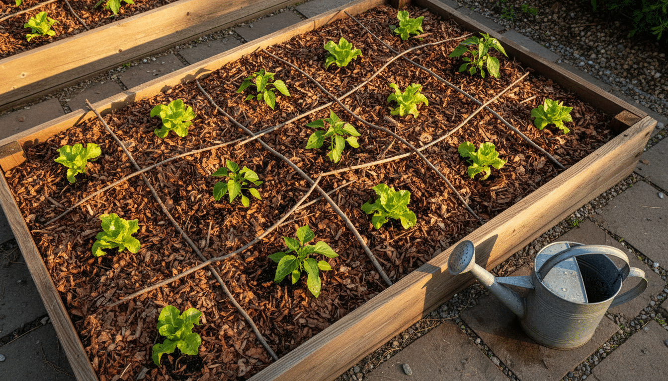 Paillage de feuilles broyées maintenu par des brindilles au potager