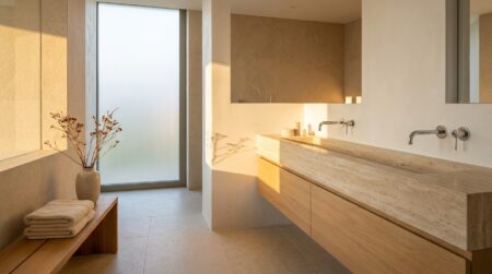 Grande vasque en pierre avec deux mitigeurs dans une salle de bains moderne