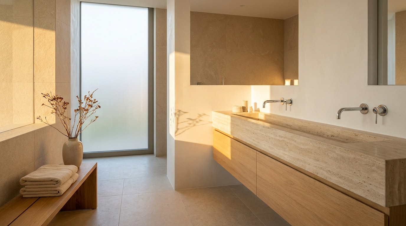 Grande vasque en pierre avec deux mitigeurs dans une salle de bains moderne
