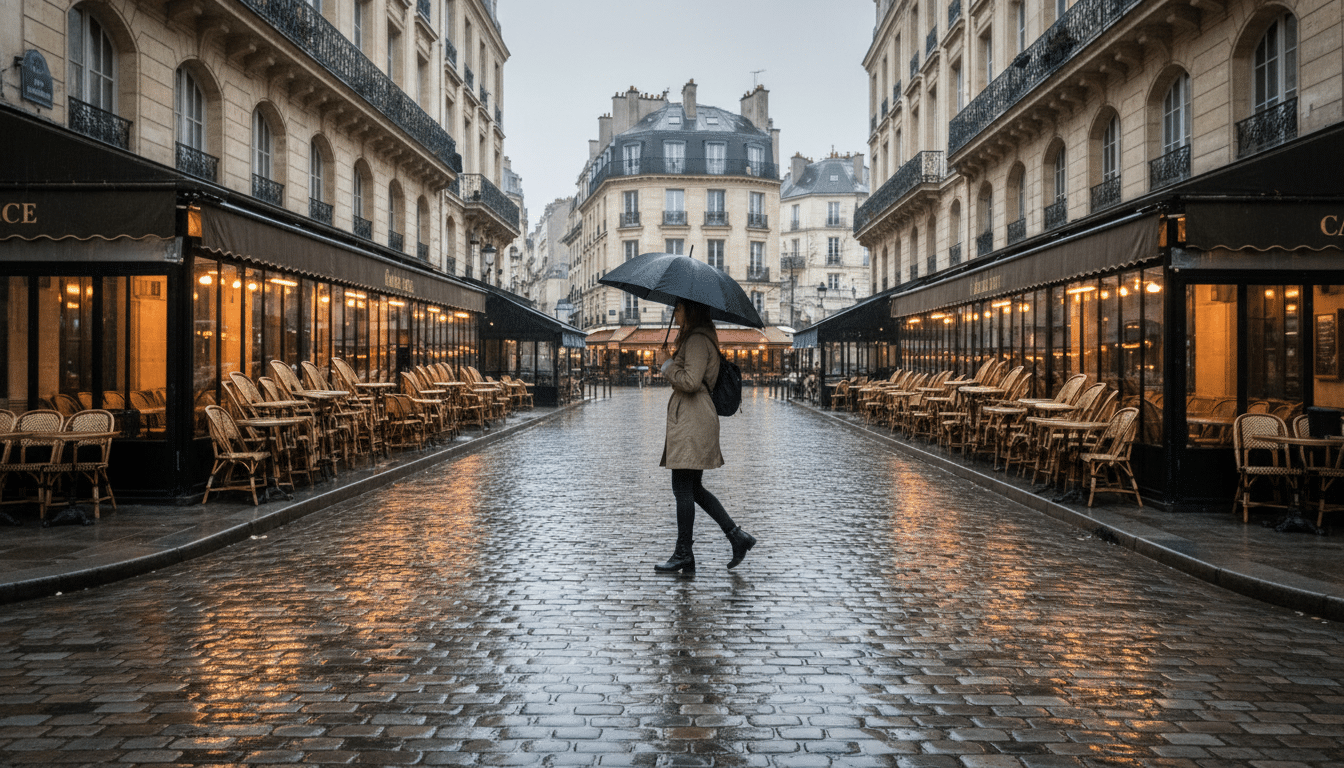 Rue piétonne sous la pluie dans une ville française au printemps