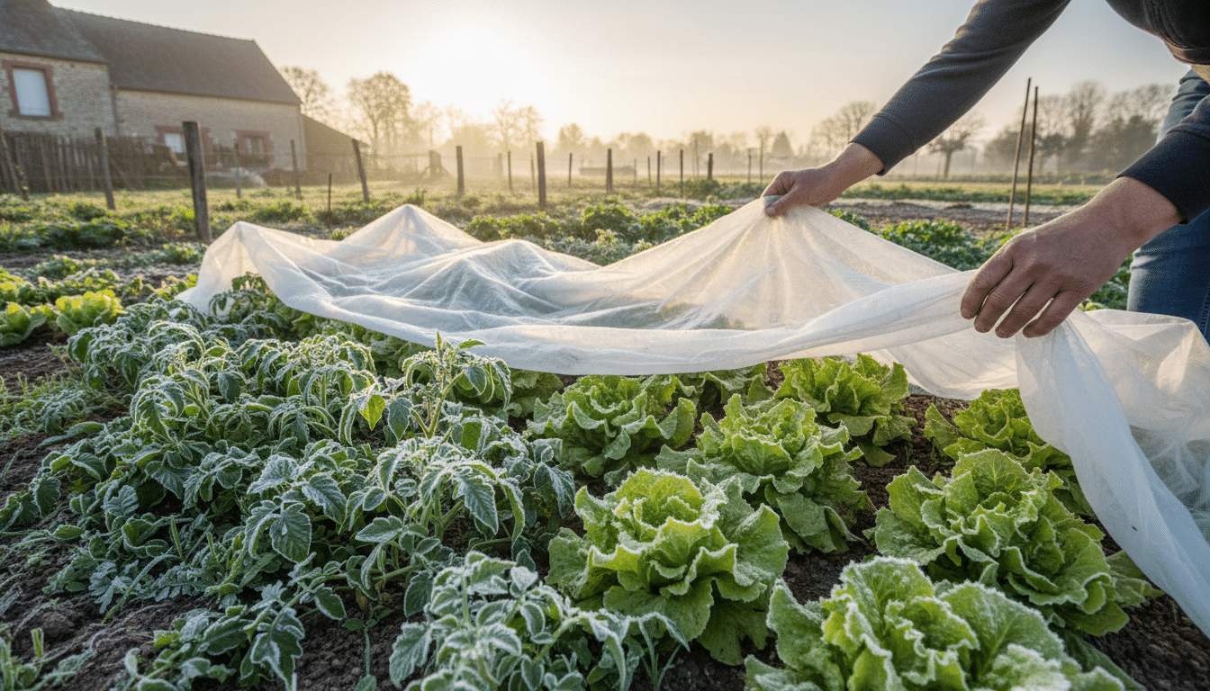 Gelée blanche sur un potager au petit matin en mai