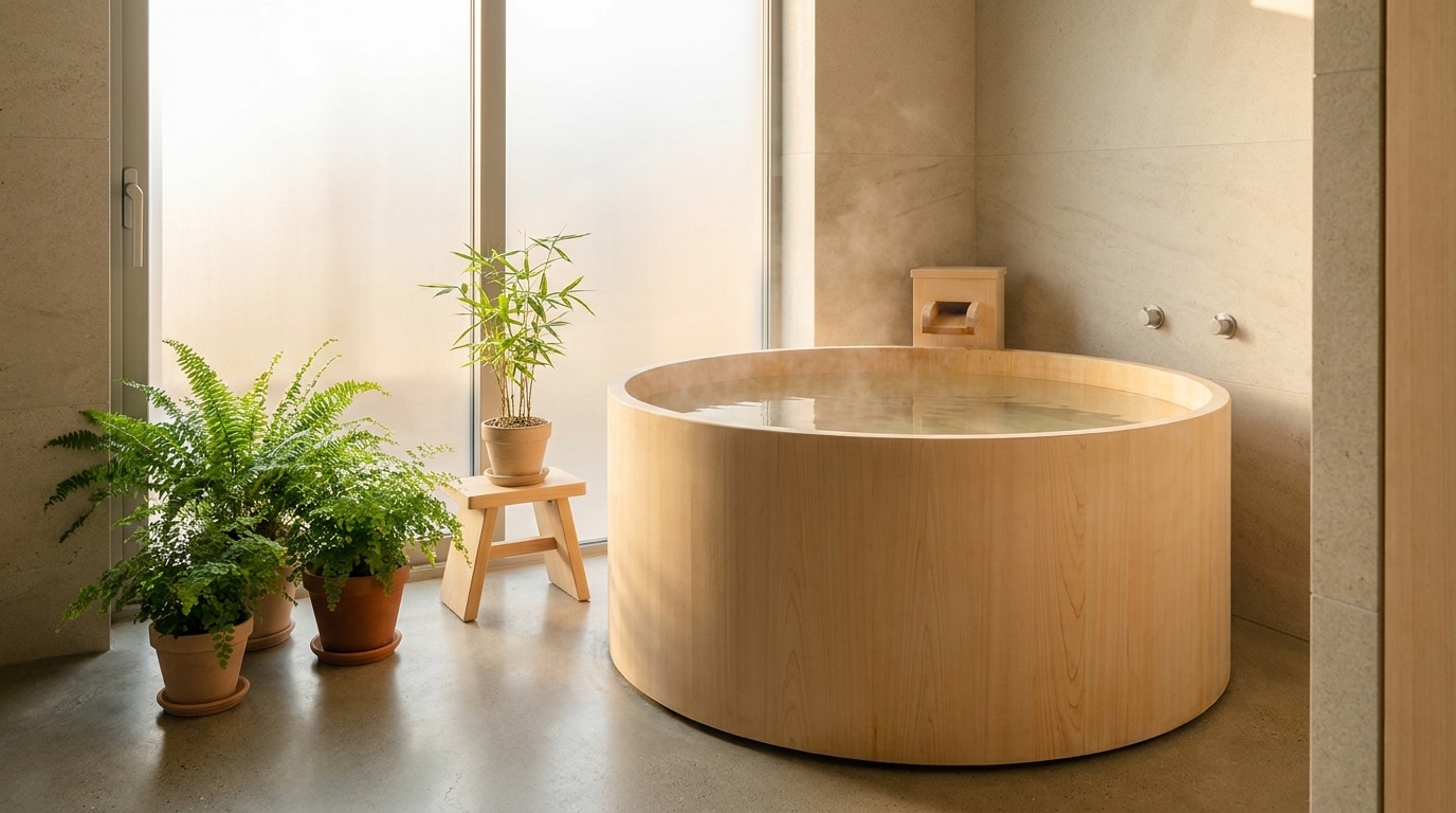 Baignoire ofuro en bois dans une salle de bains zen