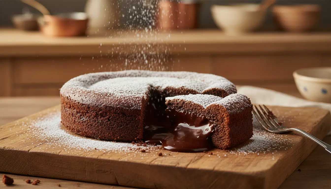 Gâteau au chocolat sans farine coupé révélant un cœur fondant