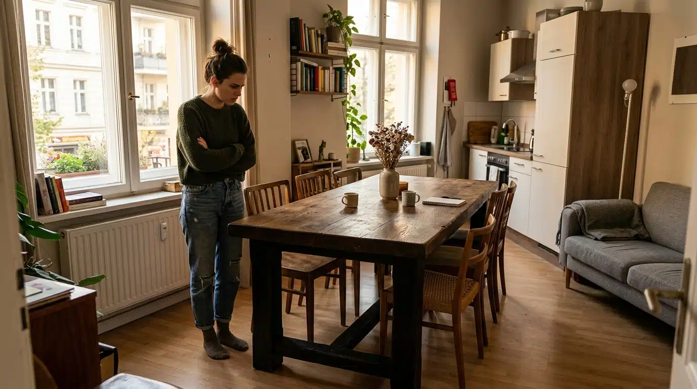 Grande table en bois dans un petit appartement moderne