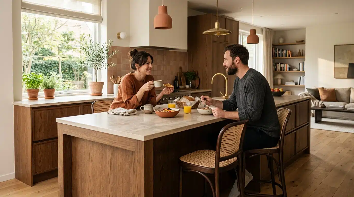 Îlot de cuisine convivial dans un intérieur contemporain