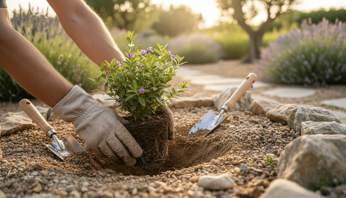 Plantation d'un arbuste en sol drainé dans une rocaille ensoleillée