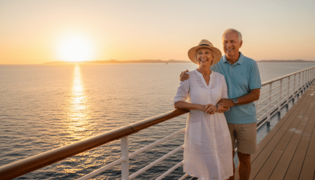 Couple de retraités souriant sur le pont d'un navire de croisière
