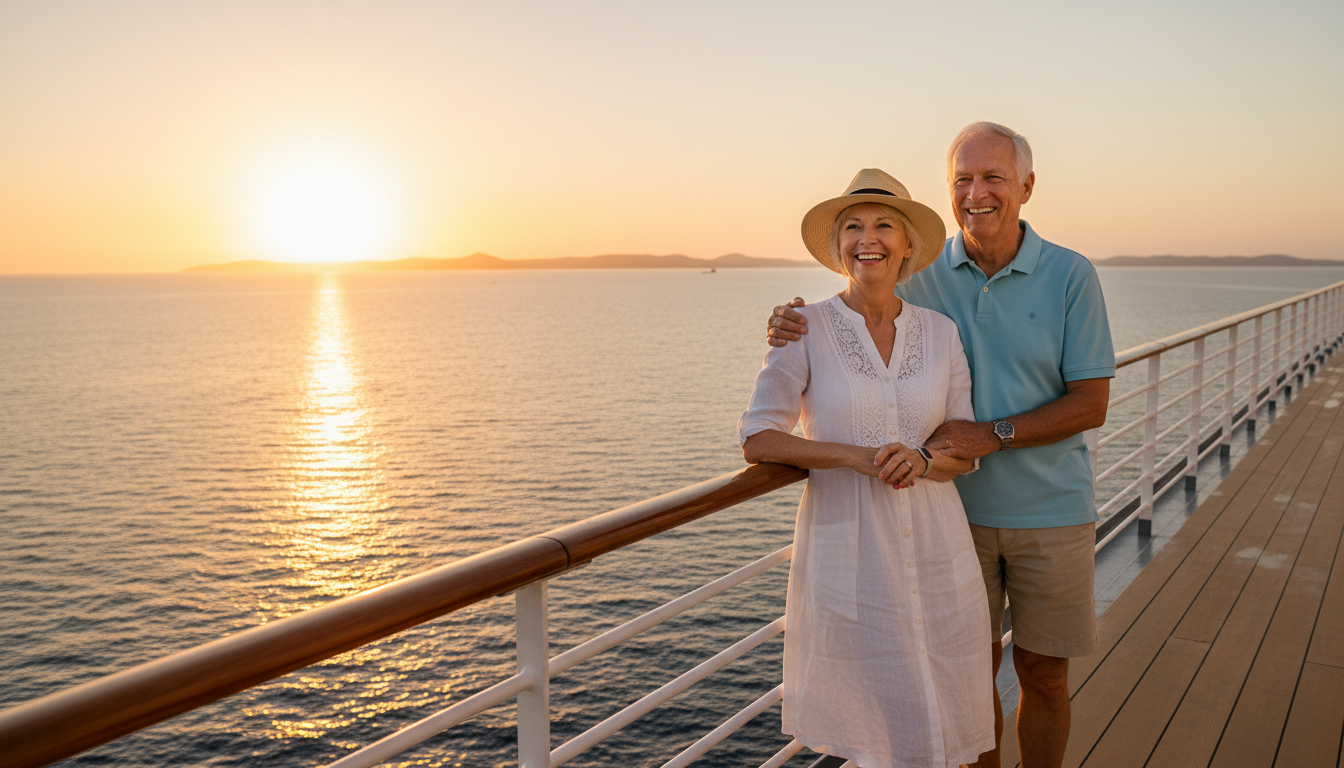 Couple de retraités souriant sur le pont d'un navire de croisière