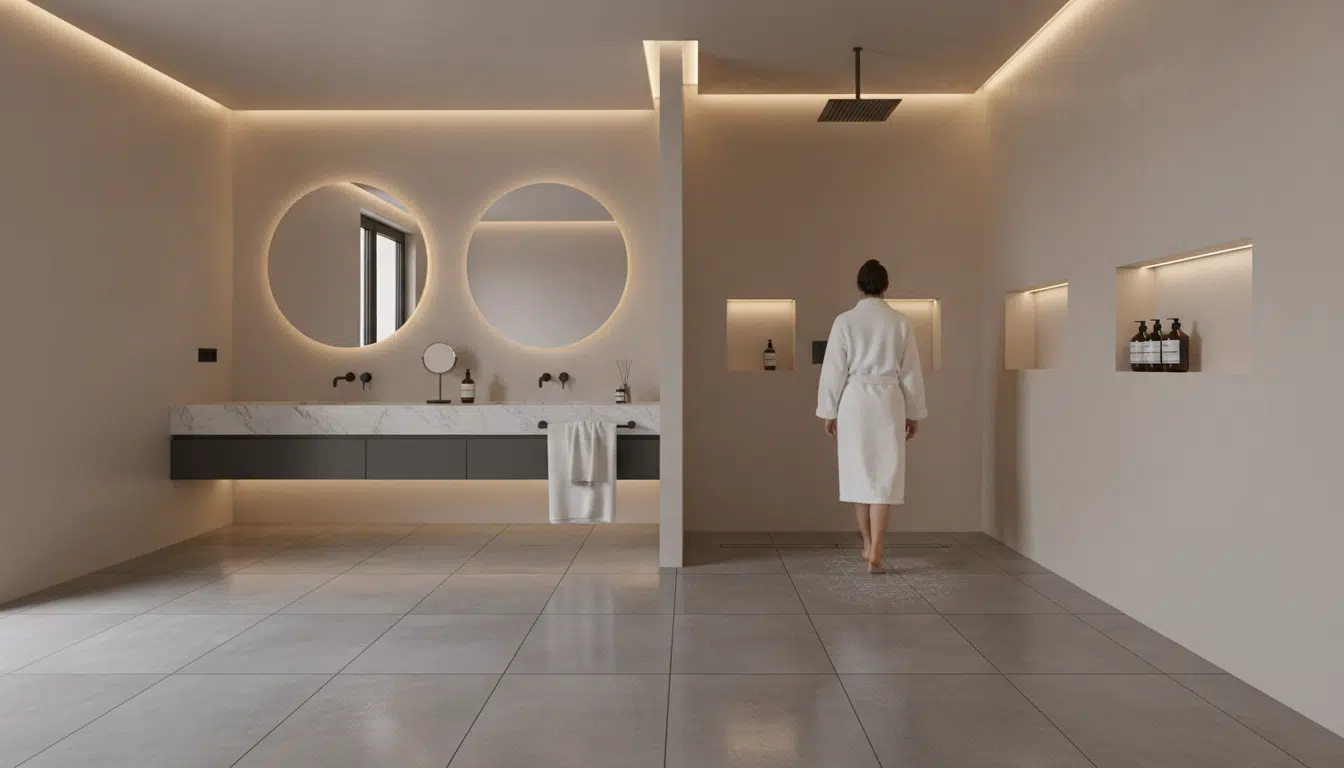 Douche walk-in ouverte sans paroi dans salle de bain moderne
