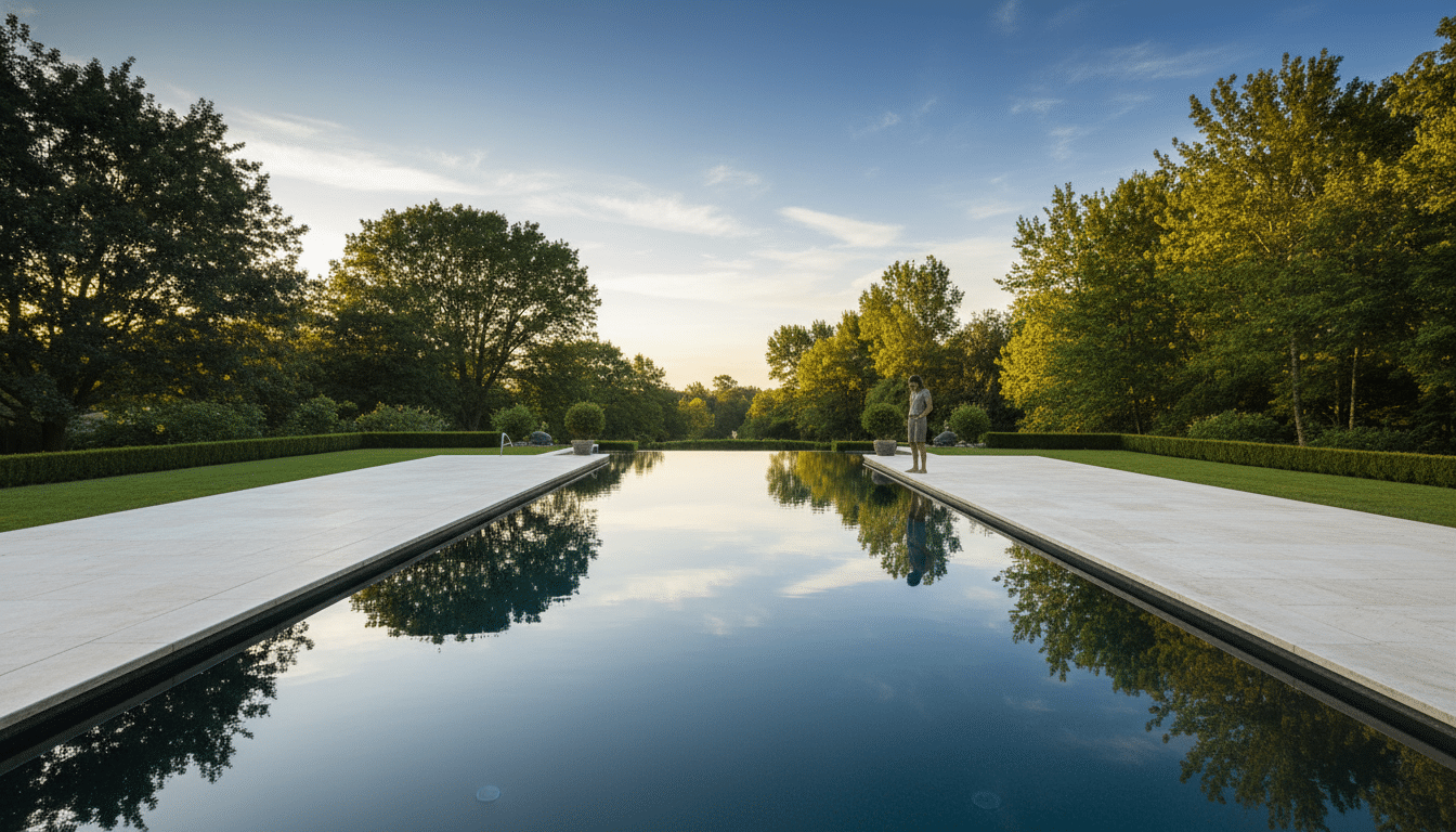 Piscine effet miroir au ras de la terrasse en pierre