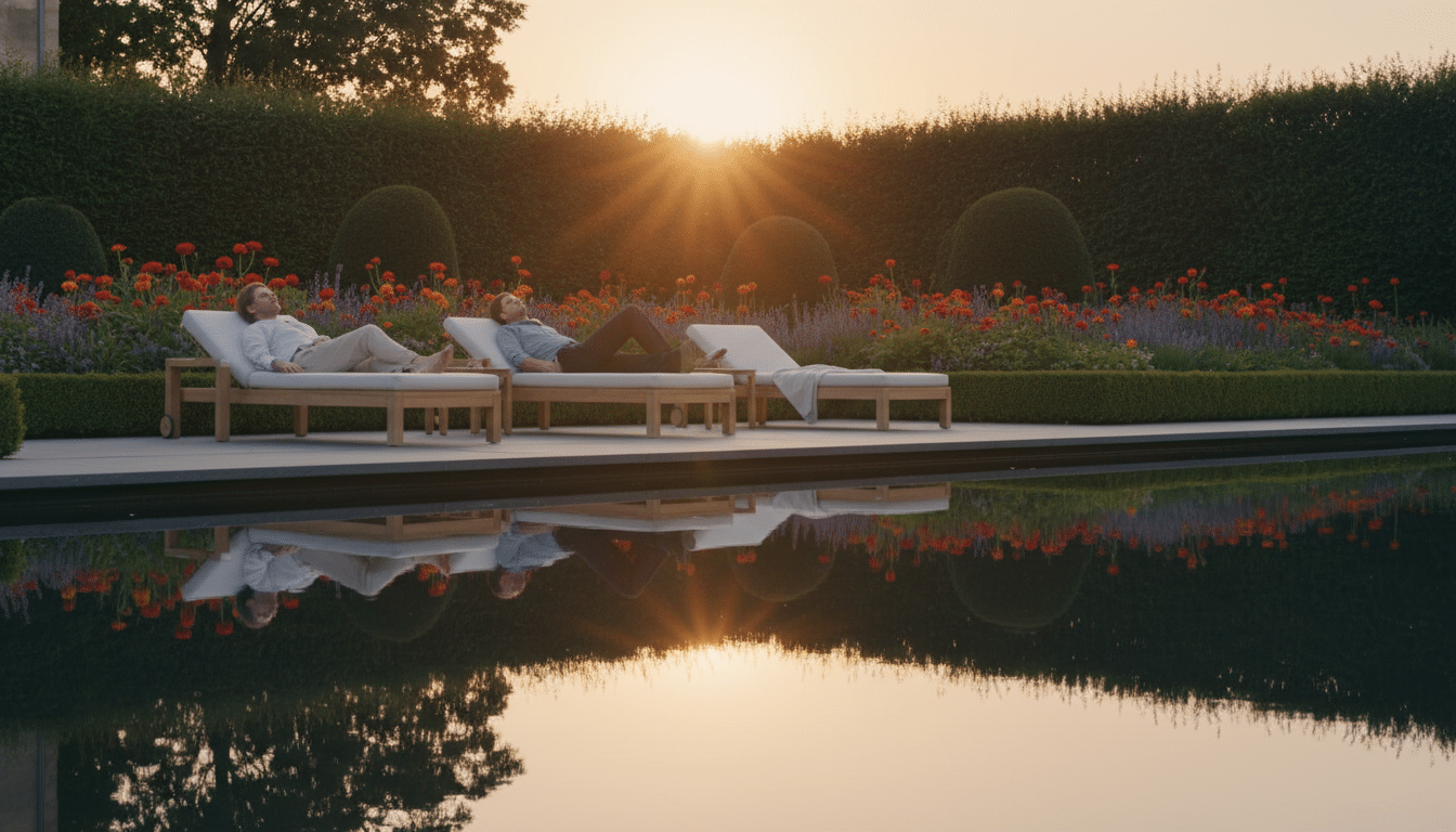 Couple au bord d'une piscine miroir teinte sombre au coucher du soleil