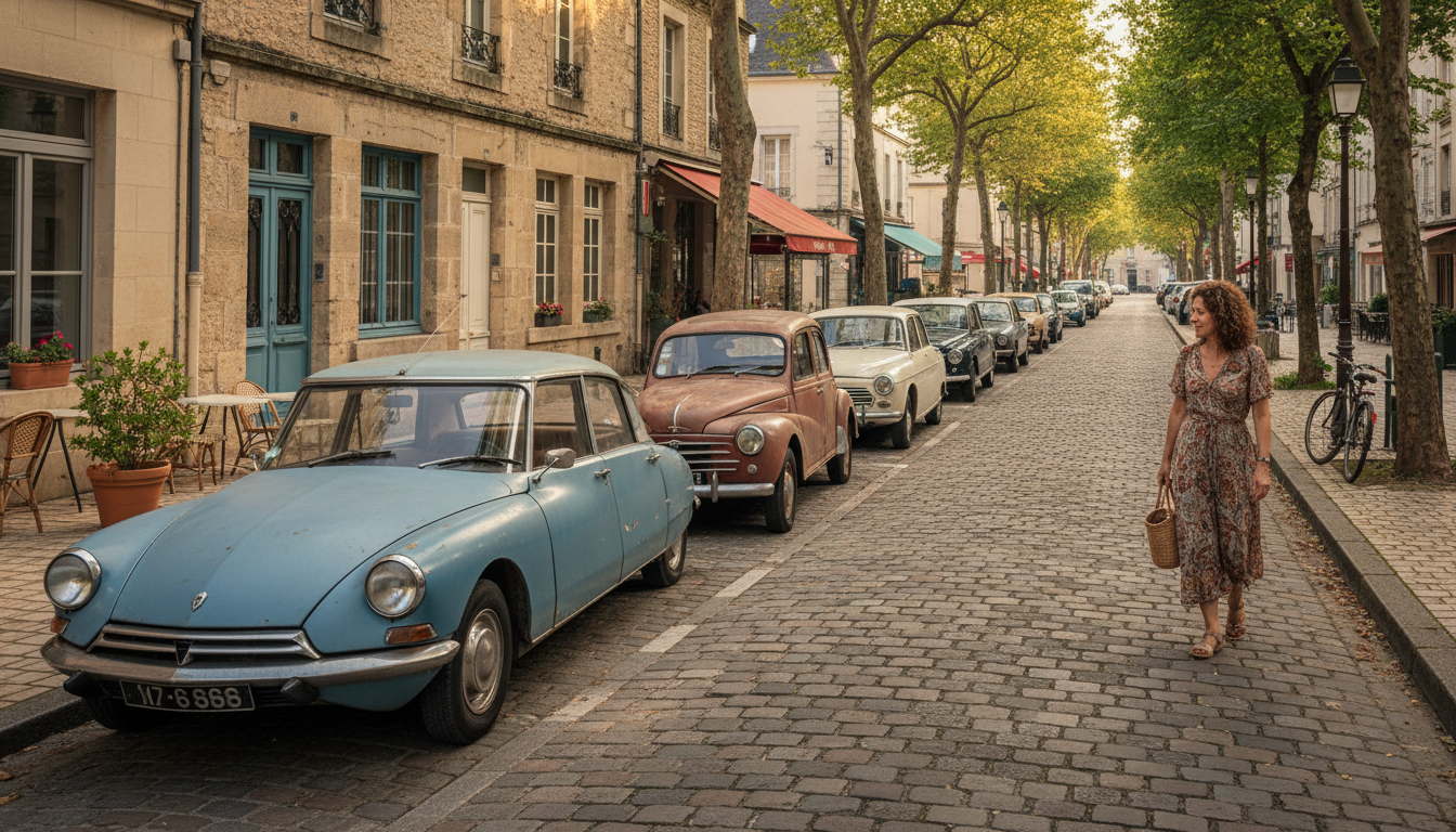 Voitures anciennes garées dans une rue française